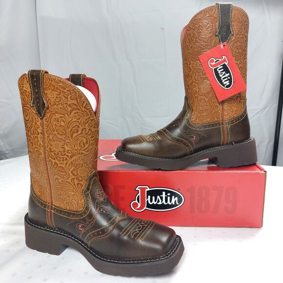 Justin Gypsy Boots Sz 7.5 Welt Saddle Stitch Floral Embossed J-Flex Cowboy Boots - Picture 1 of 9